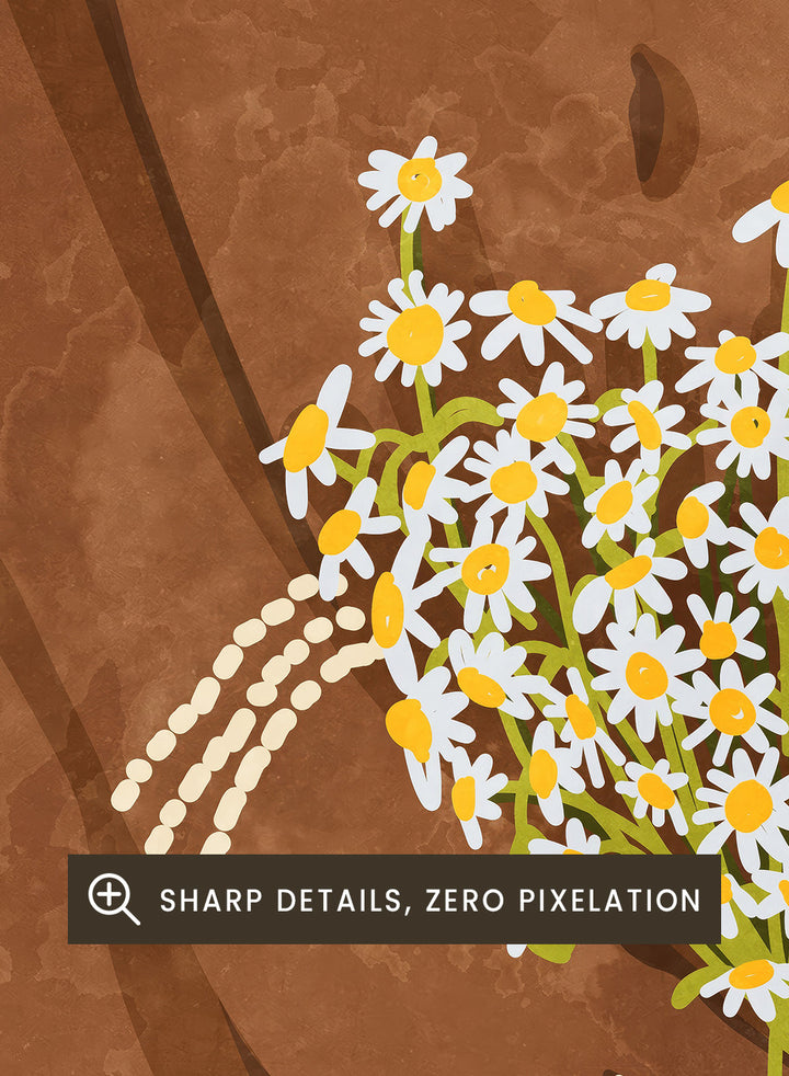 Illustration of a hand holding flowers against a brown background. Wearing Flowers by Raissa Oltmanns is a modern woman portrait art print with daisies, pink background, and minimalist graphic wall poster design.