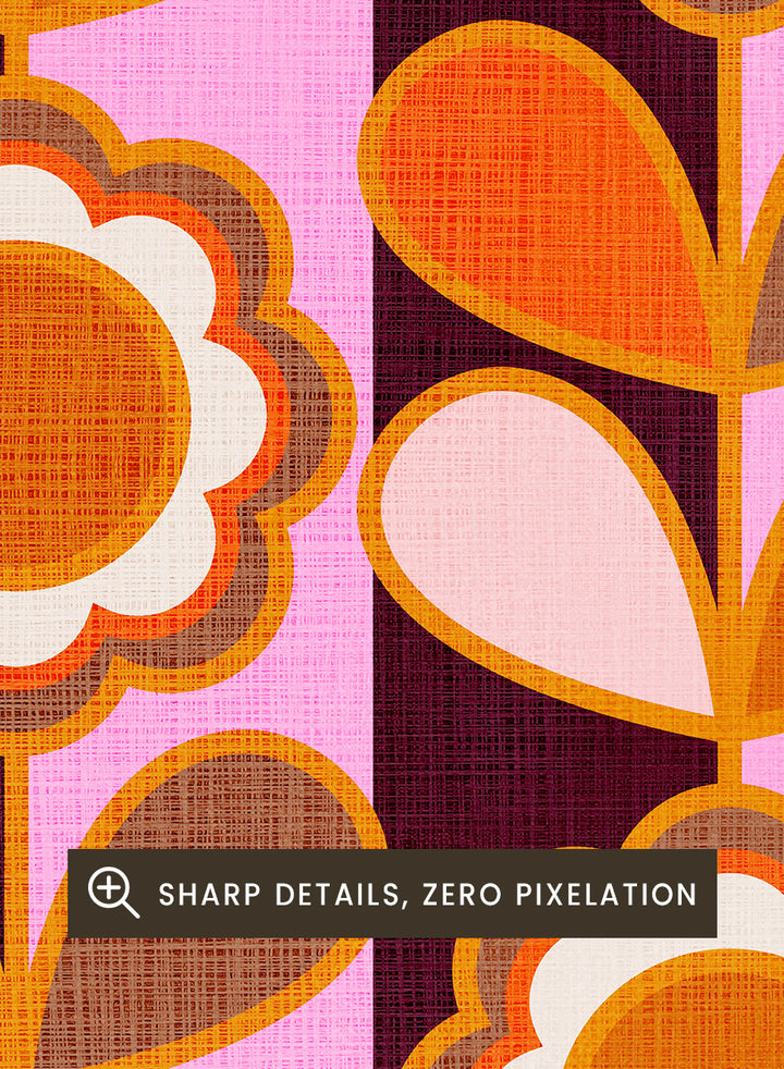 Shop Mid-Mod Autumn Glow by Dominique Vari, a retro floral wall art print poster featuring bold flowers, striped patterns, and warm orange, pink, brown, and burgundy tones.