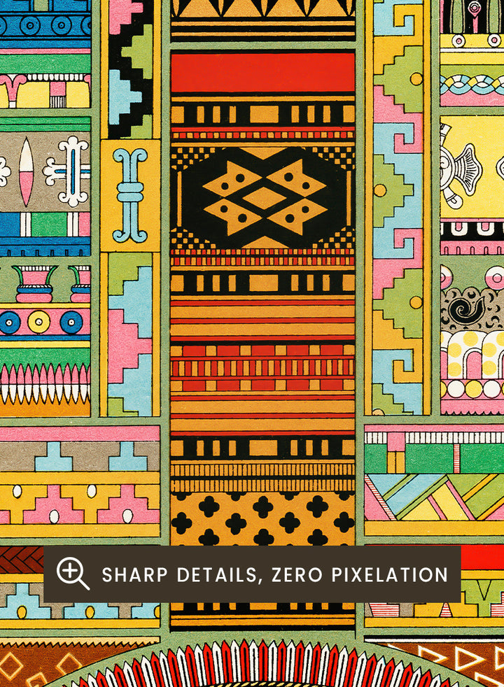 Primitive Pattern by Albert Racinet vintage art print featuring colorful geometric, floral and decorative motifs from the 1888 edition of L’Ornement Polychrome.