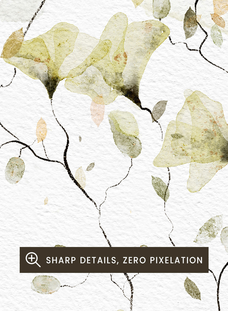 Watercolor floral art print featuring delicate pale yellow and beige flowers on a textured off-white background. Shop Delicate Watercolor Flowers by Ankie Kooi, a floral wall art print poster with watercolor wildflowers, botanical line art, yellow, green, and cream.