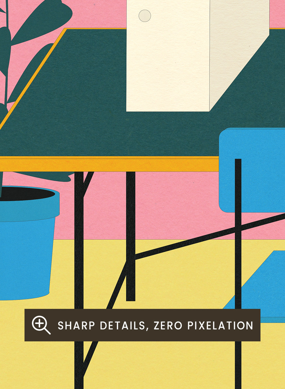 Illustration of a retro computer setup with 'No thing to do!' text on a pink wall. Nothing To Do by Rosi Feist is a modern minimalist desk art print with Bauhaus-inspired design and bold text. Officially licensed fine art poster with framing.