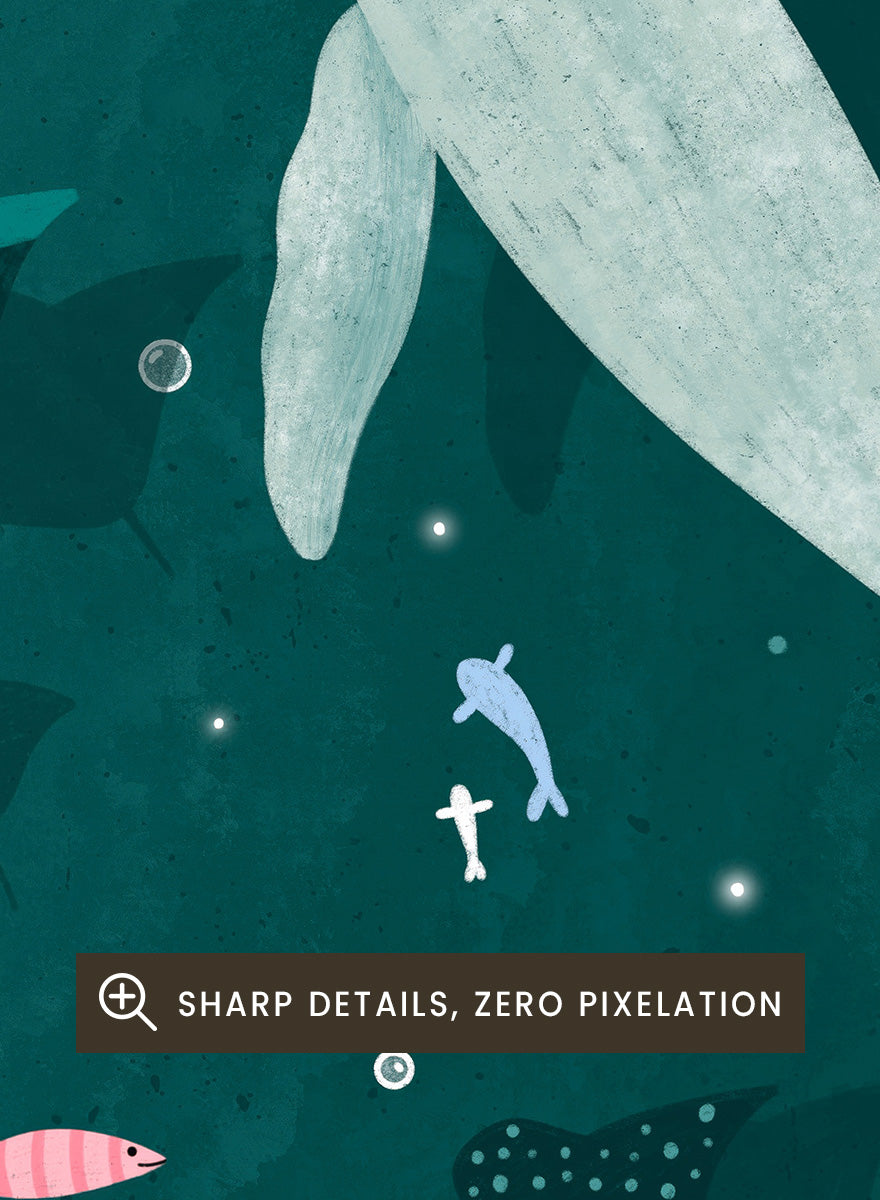 Shop Peaceful Ocean Encounter by Bea Müller, an ocean wall art print poster featuring a swimmer, whale, tropical fish, and whimsical underwater scenery in teal.