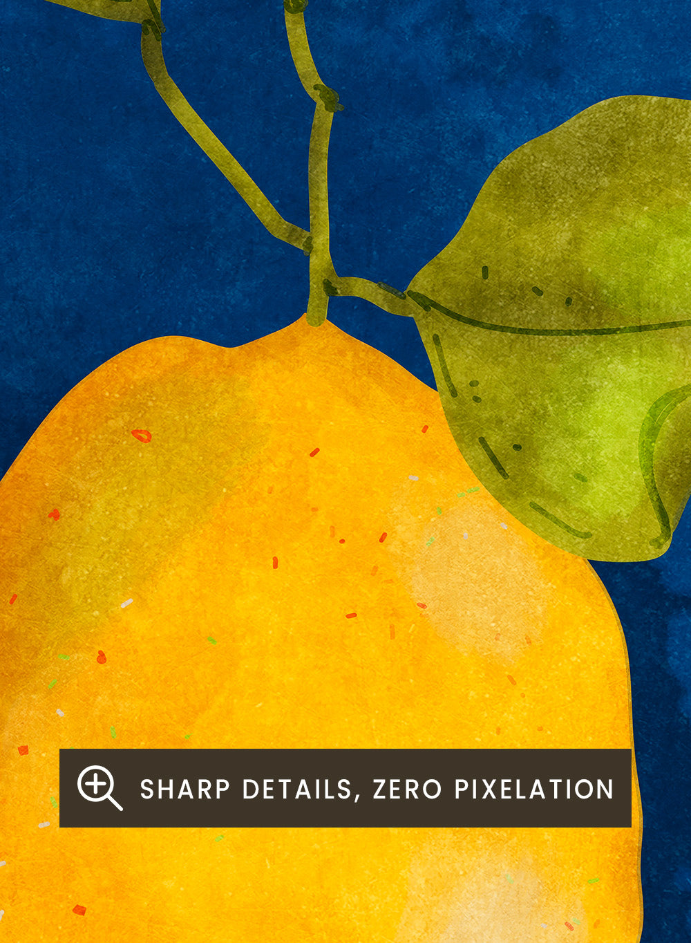 Just a Little Lemon by Raissa Oltmanns is a modern lemon art print featuring a bold yellow citrus still life on deep blue wall poster design.