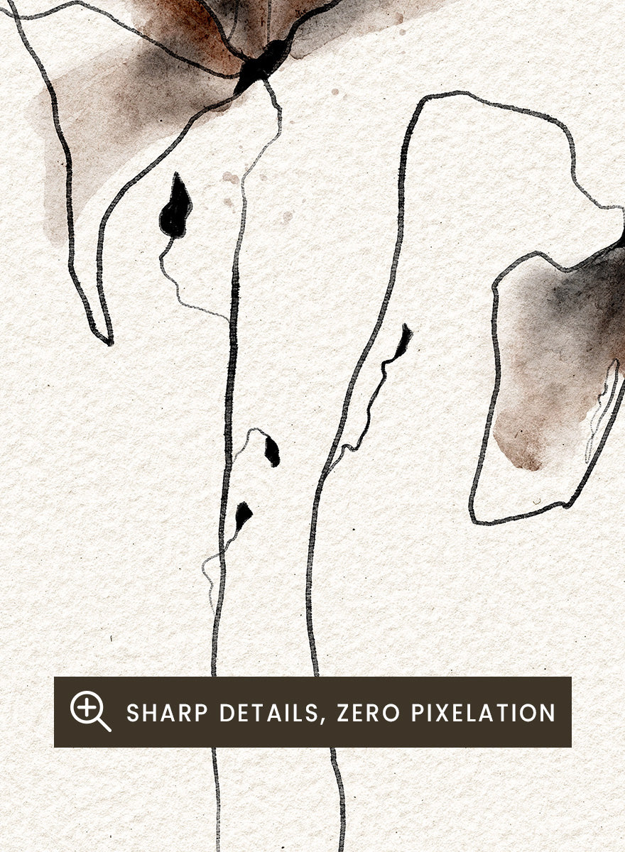 Minimalist watercolor and ink floral art print featuring two abstract flower shapes in brown and black tones on textured off-white paper. Shop Watercolor Botanical Blooms by Ankie Kooi, a modern floral wall art print poster with abstract botanical flowers, minimalist line art, brown, cream, and black.