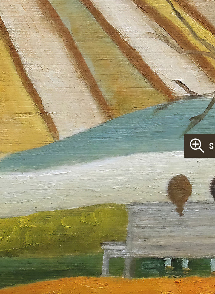 A stylized landscape painting with layered mountains, terraced fields, a bare tree, and two small figures seated on a bench in the foreground. Shop Couple On Autumn Bench by Angeles M. Pomata, an autumn landscape and figurative art print featuring a seated couple, rolling hills, patchwork fields, and warm fall tones.