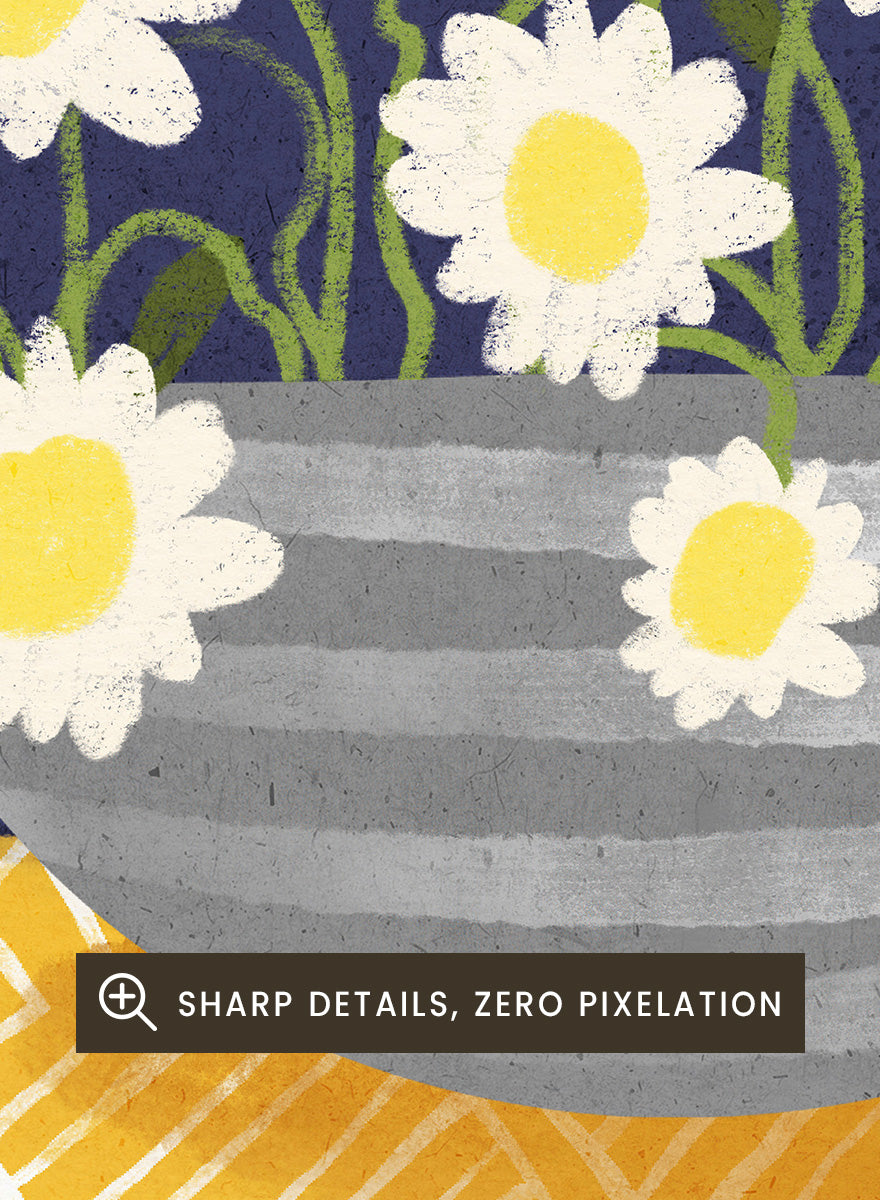 A stylized floral still life artwork showing white daisies with yellow centers in a gray striped bowl, set against a dark navy background and a yellow patterned surface. Shop Cheerful Daisy Arrangement by Dirkie Nell, a colorful floral art print featuring white daisies, a striped vase, navy blue background, and mustard yellow pattern.