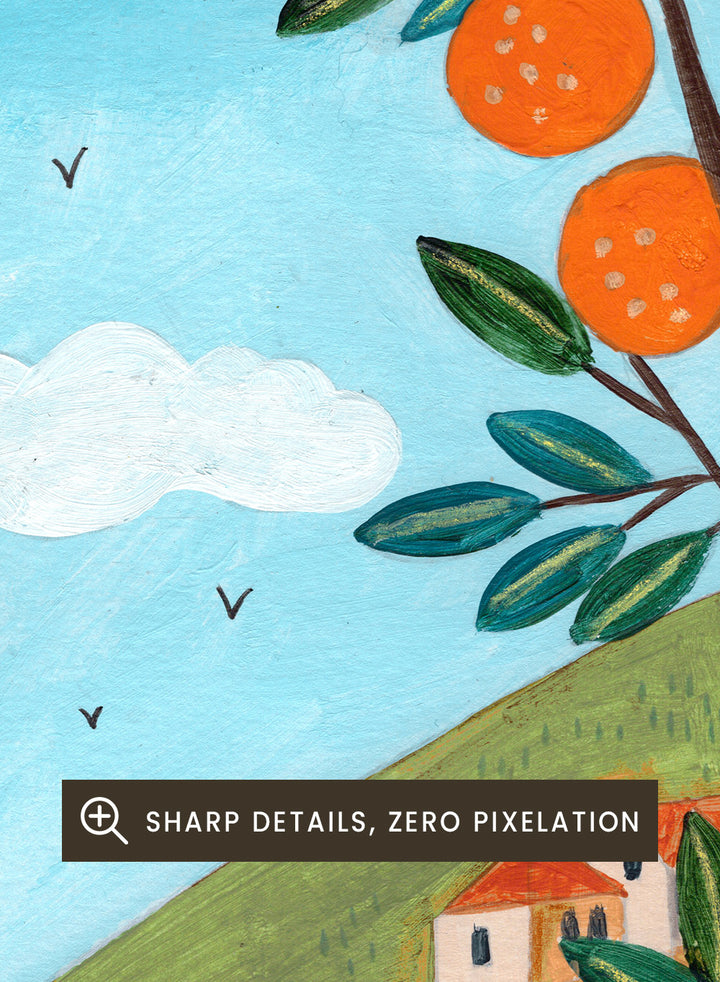 Woman in a white dress sitting under an orange tree with a scenic coastal town in the background. Mediterranean Orange Grove View by Caroline Bonne Müller fine art print, wall art poster with coastal scene, orange trees, modern aesthetic design