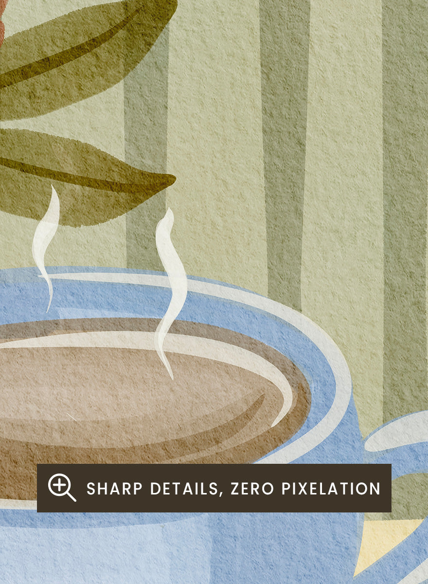 Shop Steaming Coffee Bloom by Nikita Jariwala, a kitchen wall art print poster featuring a blue coffee cup, floral still life, coffee beans, and blue tones.