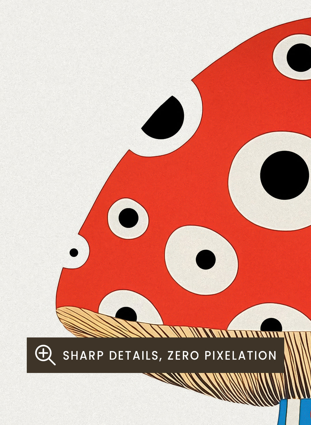 Colorful mushroom illustration with abstract design on a white background. Mahō no Kinoko psychedelic fly agaric mushroom art print with Japanese typography, modern botanical poster and colorful mushroom wall art.