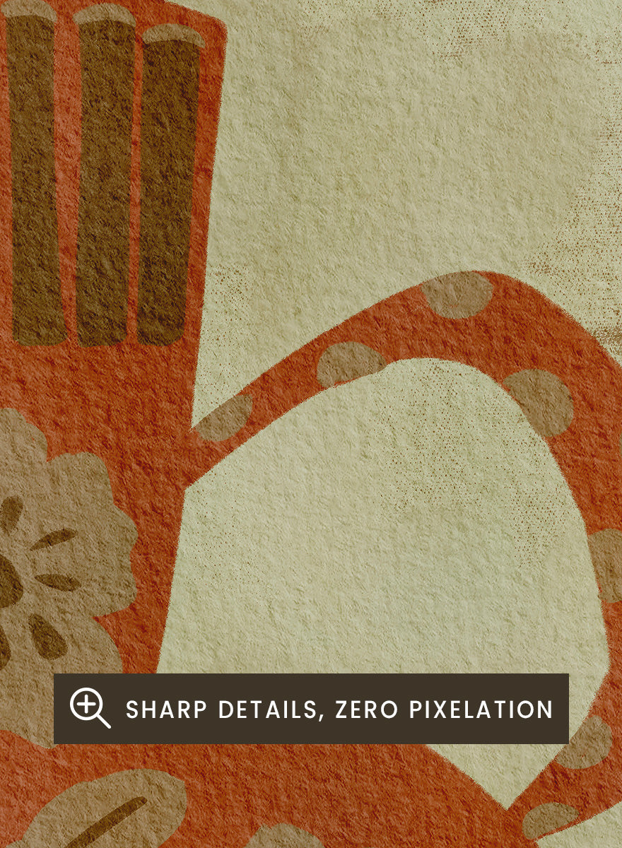 Shop Rustic Floral Vase by Nikita Jariwala, a botanical wall art print featuring a terracotta vase, folk-inspired flowers, and warm rust, tan, and cream tones.