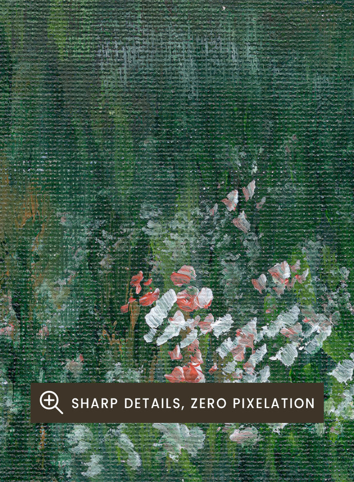 A landscape painting of a winding river or inlet between green hills, with a pale sky above and wildflowers in the foreground. Shop Wildflower Coast View by Nikita Jariwala, a coastal landscape wall art print poster featuring ocean views, green cliffs, wildflowers, and soft blue tones.