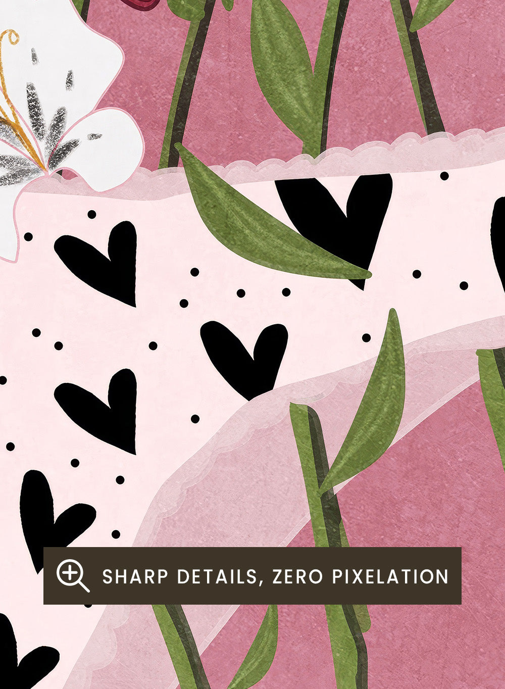 White underwear with black heart patterns surrounded by flowers on a pink background. Blooming Slip by Raissa Oltmanns features a feminist illustration of flowers growing from heart-patterned underwear on a pink background. Bold floral art print with strong feminine symbolism.