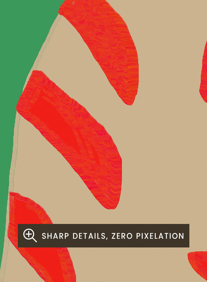 A stylized art print of a cat curled up in a circle, featuring a beige body with red stripes on a solid green background. Striped Cat Stretching by The Art Concept art print featuring a playful striped cat, green background, and bold red accents.