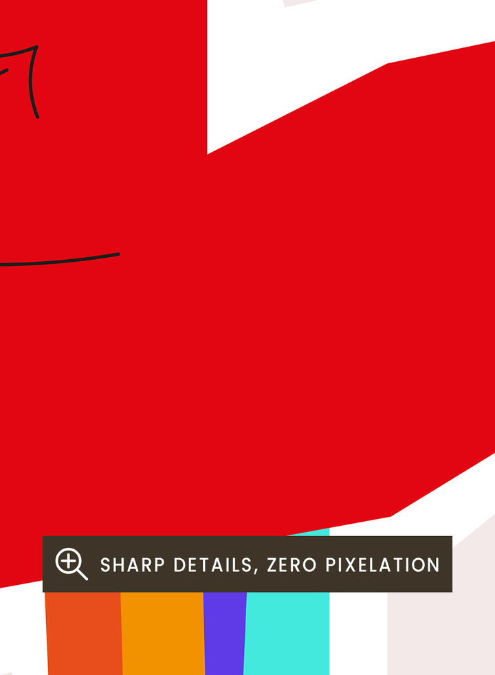 Colorful abstract design with a red heart and text on a light background. It’s All Love ’69 Heart Greige by Frances Collett is a colorful heart art print with rainbow stripes and expressive linework. Officially licensed contemporary wall poster with optional framing.