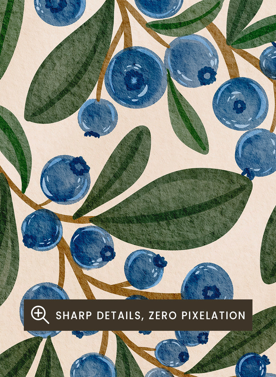 Botanical art print of blueberry branches with green leaves on a warm beige background. Shop Fresh Blueberry Sprigs by Nikita Jariwala, a botanical wall art print poster featuring blueberry branches, deep blue berries, and leafy green summer detail.
