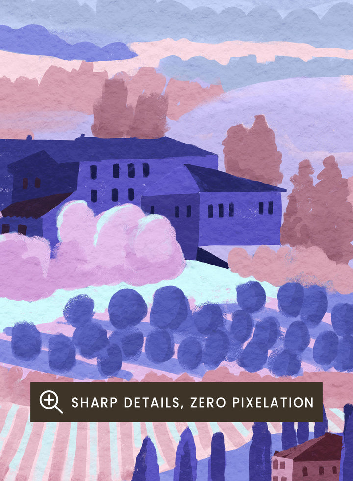 Painting of a landscape with rolling hills, buildings, and cypress trees in pastel colors. Tuscany by Goed Blauw is a landscape art print and wall poster featuring rolling hills, fields, and countryside homes in soft pastel tones.