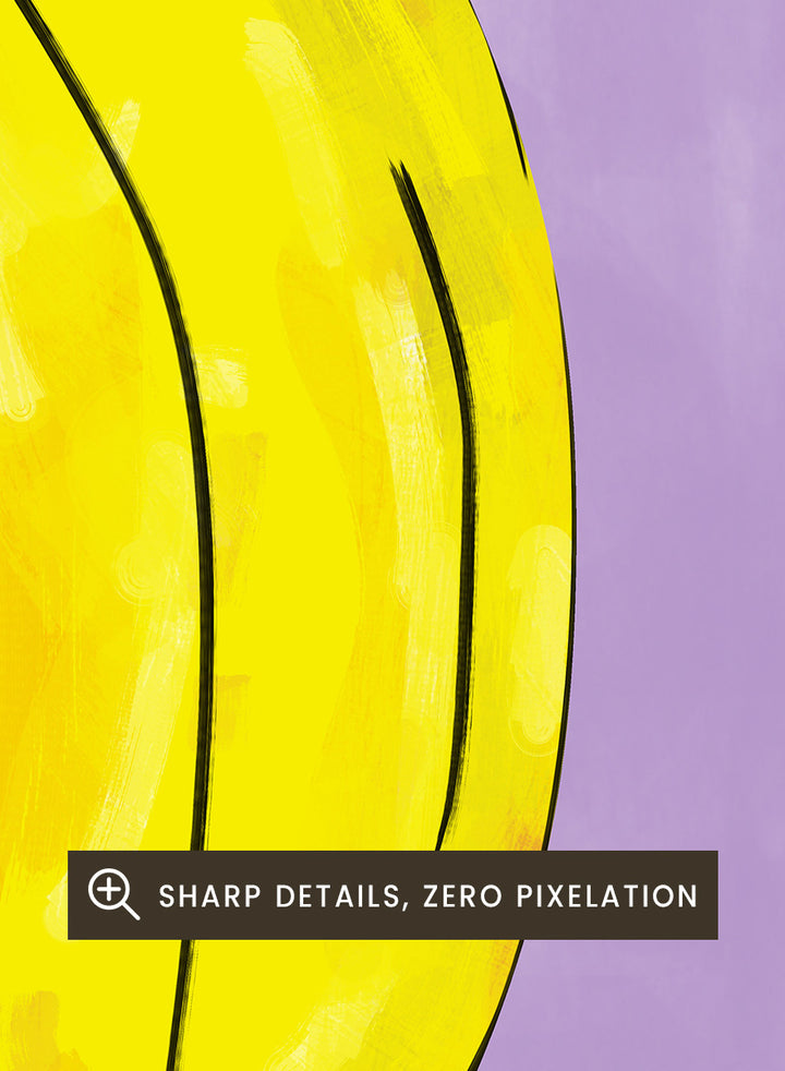 Shop Playful Purple Bananas by Elena Ristova, a colorful banana wall art print poster featuring two bright yellow bananas on a soft purple background with bold black details.