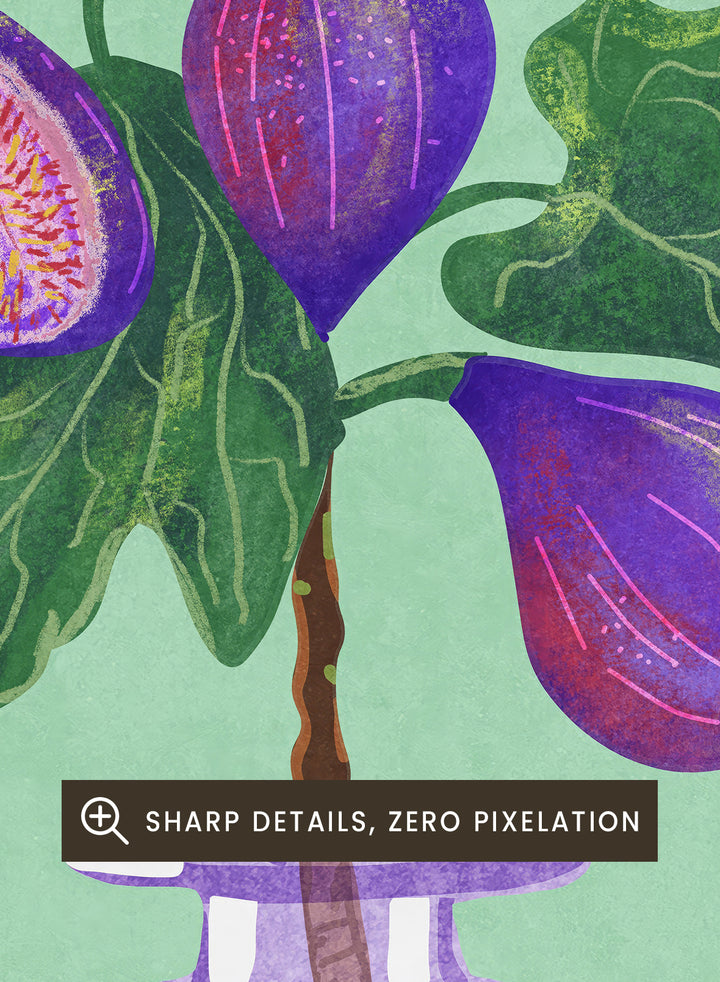 Illustration of a plant with purple fruits in a glass bottle on a green background. Figs Branch In Vase by Raissa Oltmanns is a modern fig still life art print with purple fruit and botanical kitchen wall poster design.