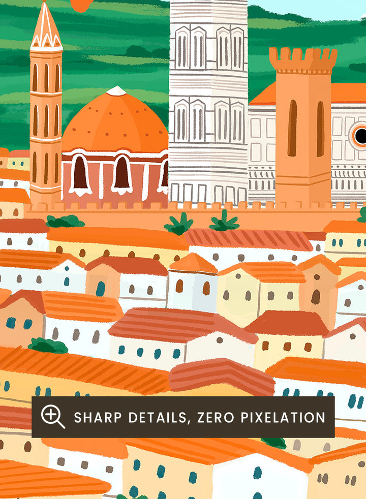 A colorful illustrated cityscape of Florence with the famous dome, towers, clustered buildings, a river, trees, and a red sun in the sky. Shop Florence Autumn Glow by Nidhi Kachhadiya, a colorful Florence wall art print featuring the Duomo, terracotta rooftops, autumn leaves, and warm orange tones.