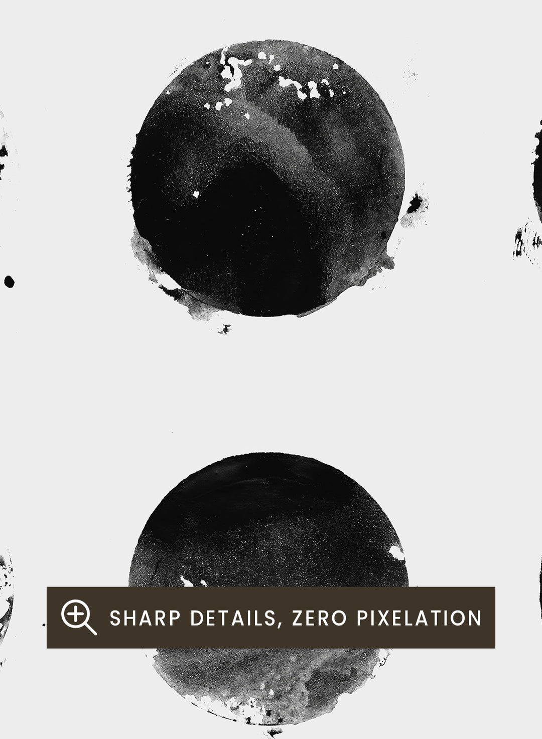 Black and white pattern of circular shapes on a textured background. Fluid Black Circles by Florent Bodart is a minimalist abstract art print with black ink circles, a modern black and white wall poster with graphic grid design.