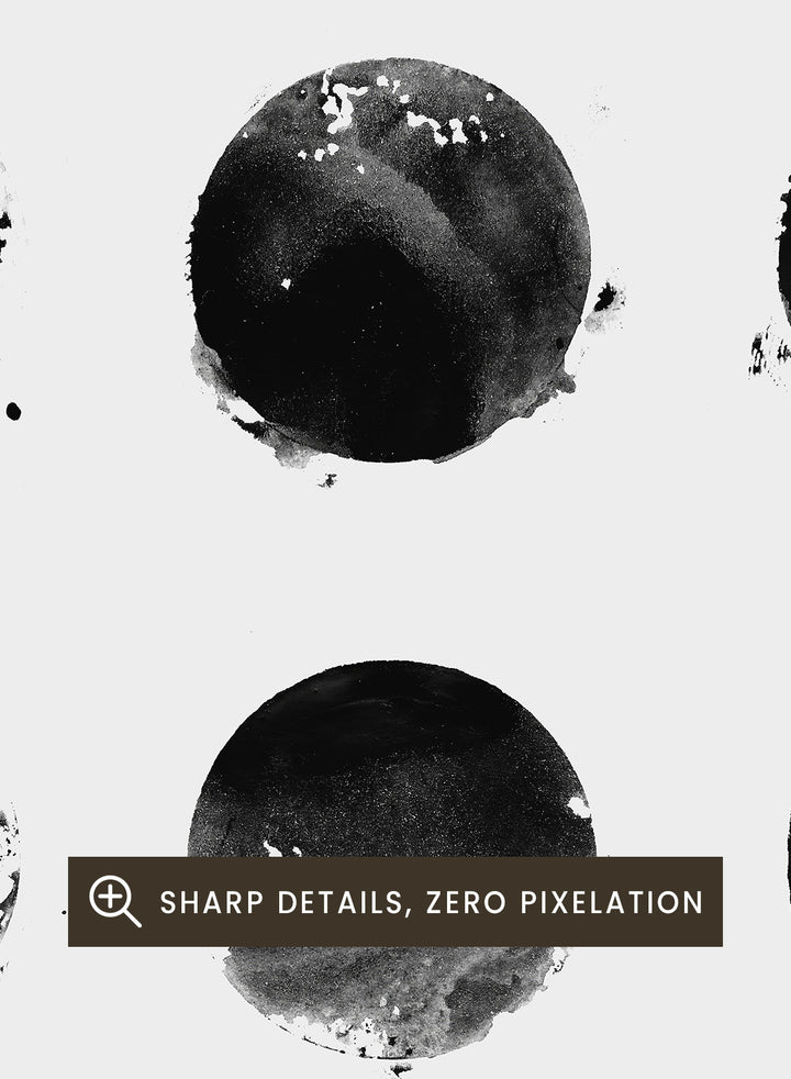 Black and white pattern of circular shapes on a textured background. Fluid Black Circles by Florent Bodart is a minimalist abstract art print with black ink circles, a modern black and white wall poster with graphic grid design.