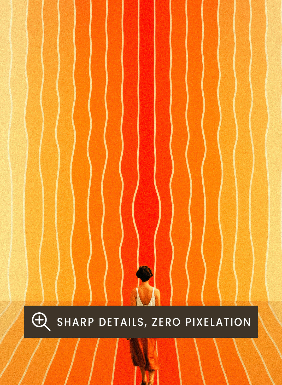 Artistic depiction of a person standing in a colorful, vertically striped space. Here I Come by Taudalpoi surreal retro sci-fi corridor art print with colorful perspective lines and lone figure, cosmic vintage style poster wall art.