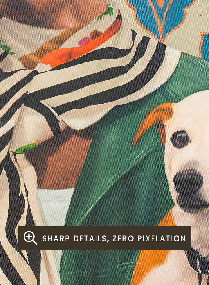 A stylized portrait painting of a person wearing a wide yellow hat, green jacket, and striped scarf, holding a white and tan dog against a blue and beige damask-patterned background. Shop Stylish Man and Dog by Damilare Jamiu, a contemporary figurative wall art print featuring a stylish man, small dog, bold fashion, and rich green and blue tones.