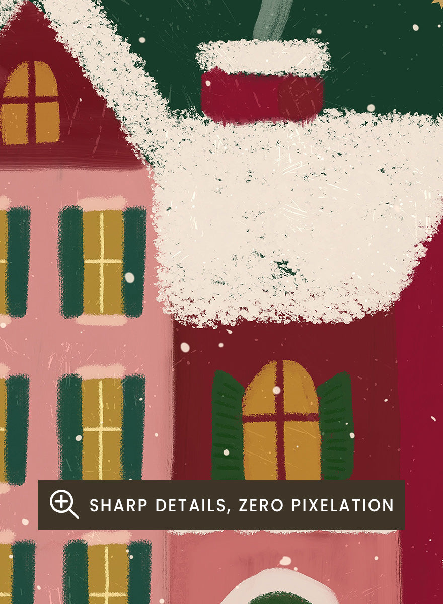 Shop Home For The Holidays by Katarzyna Gąsiorowska, a Christmas wall art print poster featuring snowy houses, glowing windows, stars, and a cozy winter village scene.