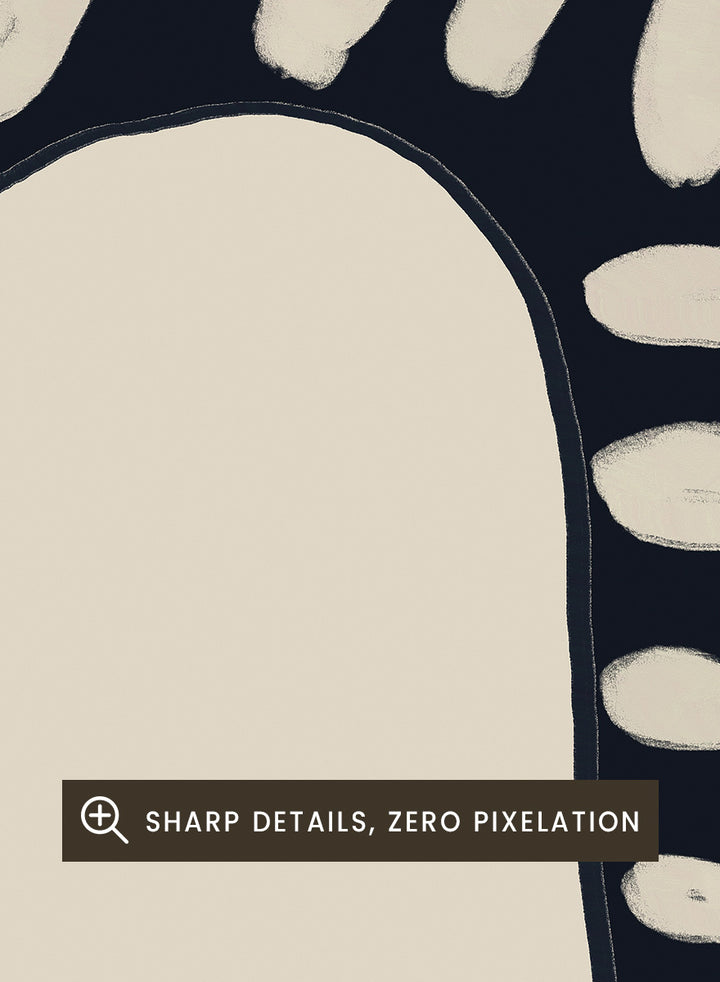A stylized black cat illustration with bold diagonal stripes and white oval spots on a warm beige background. Striped Whimsical Cat by The Art Concept playful cat art print featuring an elongated black cat with cream stripes and an oversized looping tail.