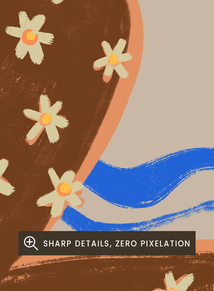 Artistic illustration of a person with floral patterns on a beige background. Blooming Daisy by Arty Guava is a modern woman floral art print with daisies and bold blue lines. Officially licensed contemporary wall poster.