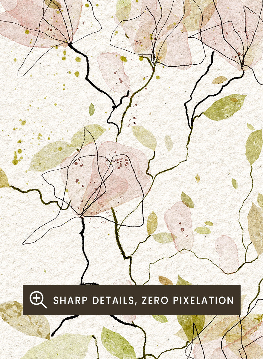 A framed botanical art print featuring delicate watercolor flowers and leaves in soft pink, sage green, and olive tones on a textured off-white background. Shop Ethereal Pink Blooms by Ankie Kooi, a floral wall art print poster with pink watercolor flowers, botanical line art, climbing branches, and spring florals.