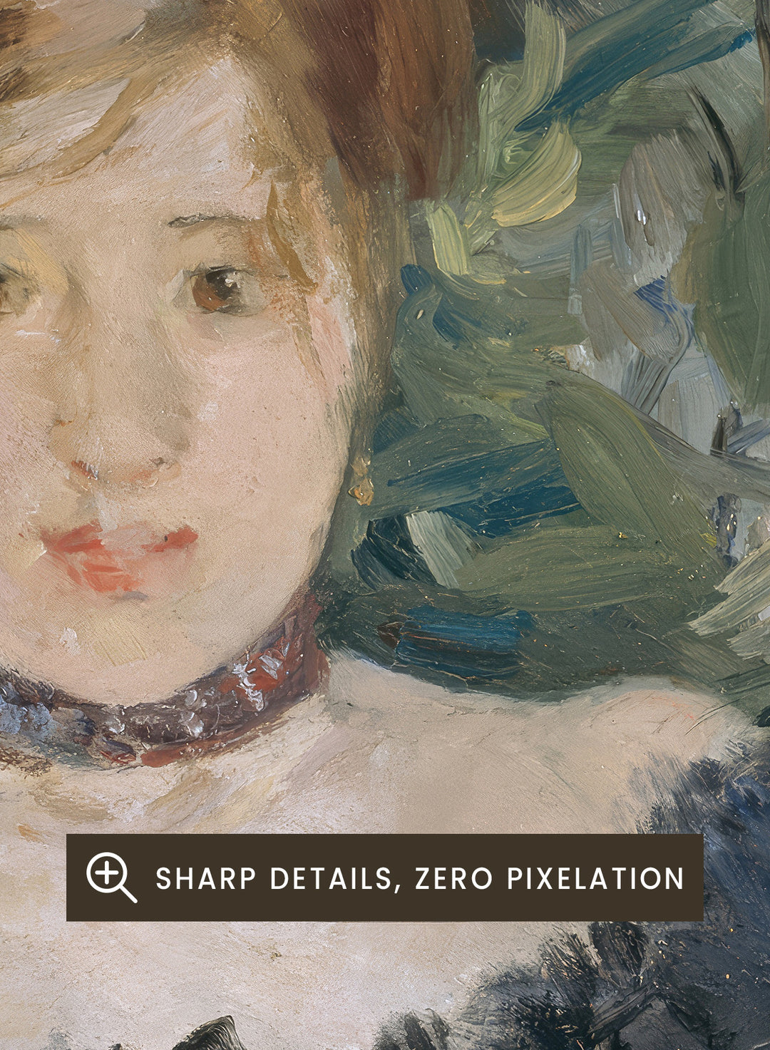 Le Corsage Noir by Berthe Morisot is a vintage Impressionist portrait print of a young woman in a black bodice, red ribbon, and white flowers behind her.