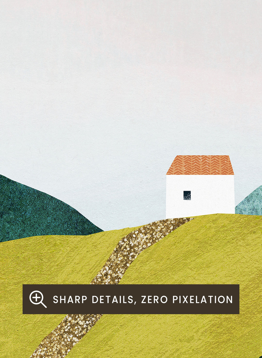 Illustration of a person walking along a path through rolling hills with a house and trees in the background. Path Through Rolling Hills by Longwayhome is a minimalist landscape art print featuring rolling green hills, countryside scenery, and modern travel inspired wall art.