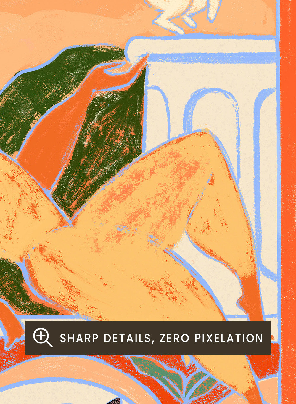 Decorative artwork with animals and people in a stylized setting. Rabbit Jumps Over the Moon by Arty Guava is a surreal art print with rabbits, dancers, and a tiger in bold color. Officially licensed wall poster.