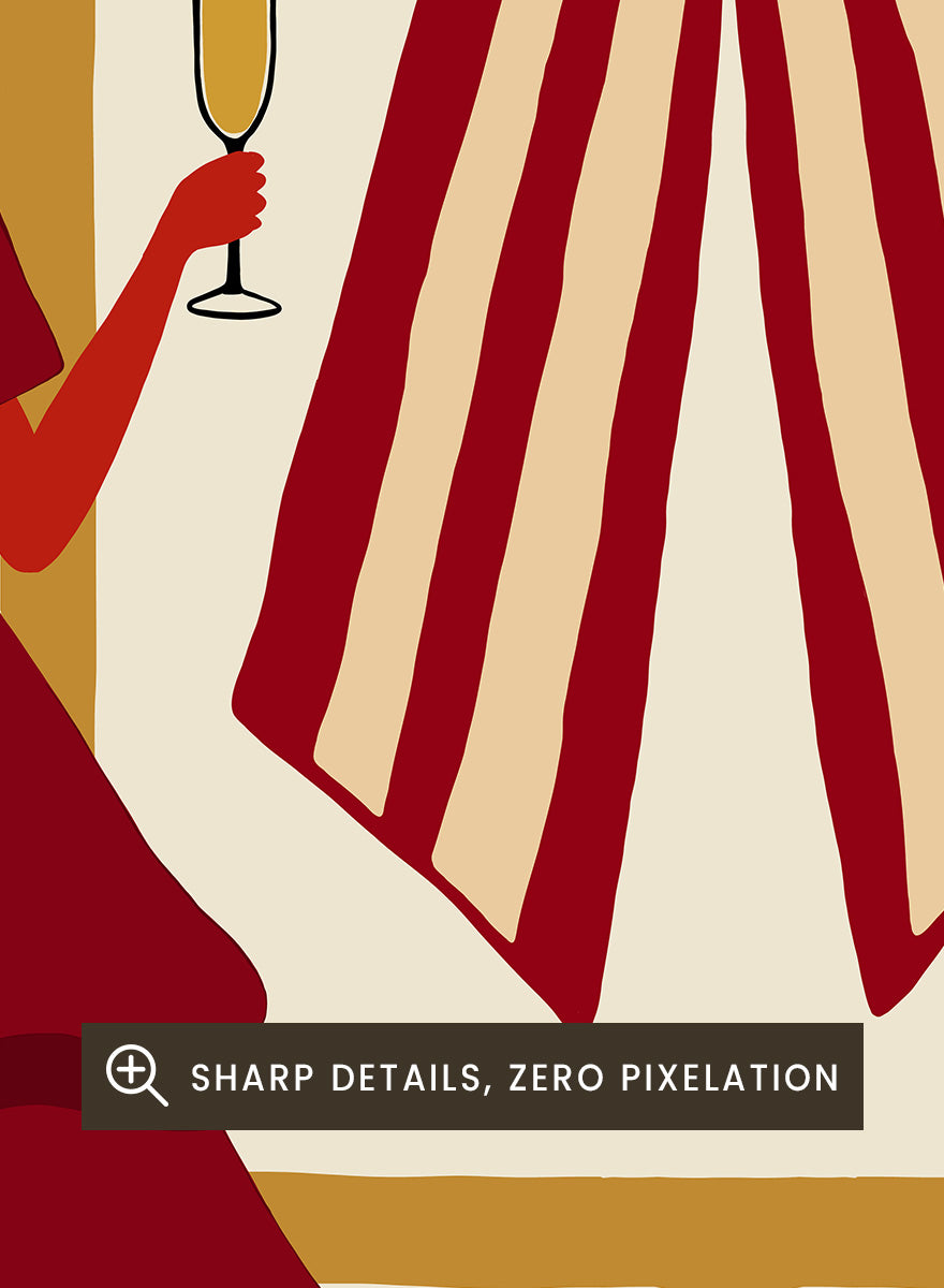 Shop Elegant Bow Celebration by Dominique Vari, a festive fashion wall art print poster featuring two women, champagne glasses, layered dresses, and a bold striped bow.