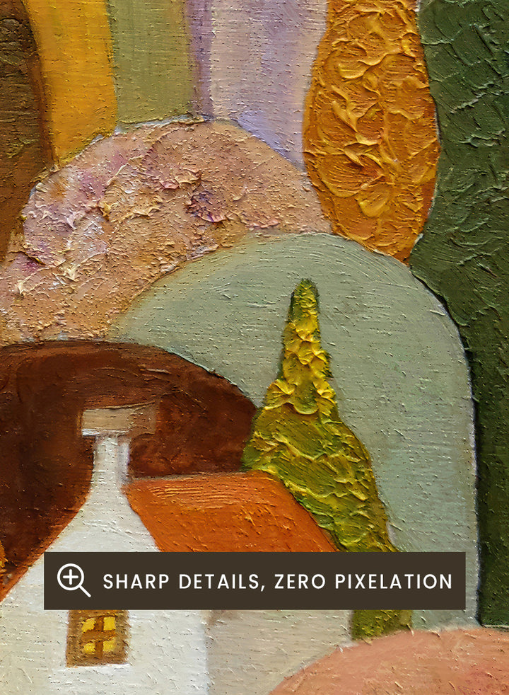 A stylized landscape painting featuring small white houses with orange roofs, rolling hills in earthy tones, and a pale winding path through the scene. Shop Whimsical Village Path by Angeles M. Pomata, an autumn landscape art print featuring a winding road, white village houses, rounded hills, and warm earthy tones.