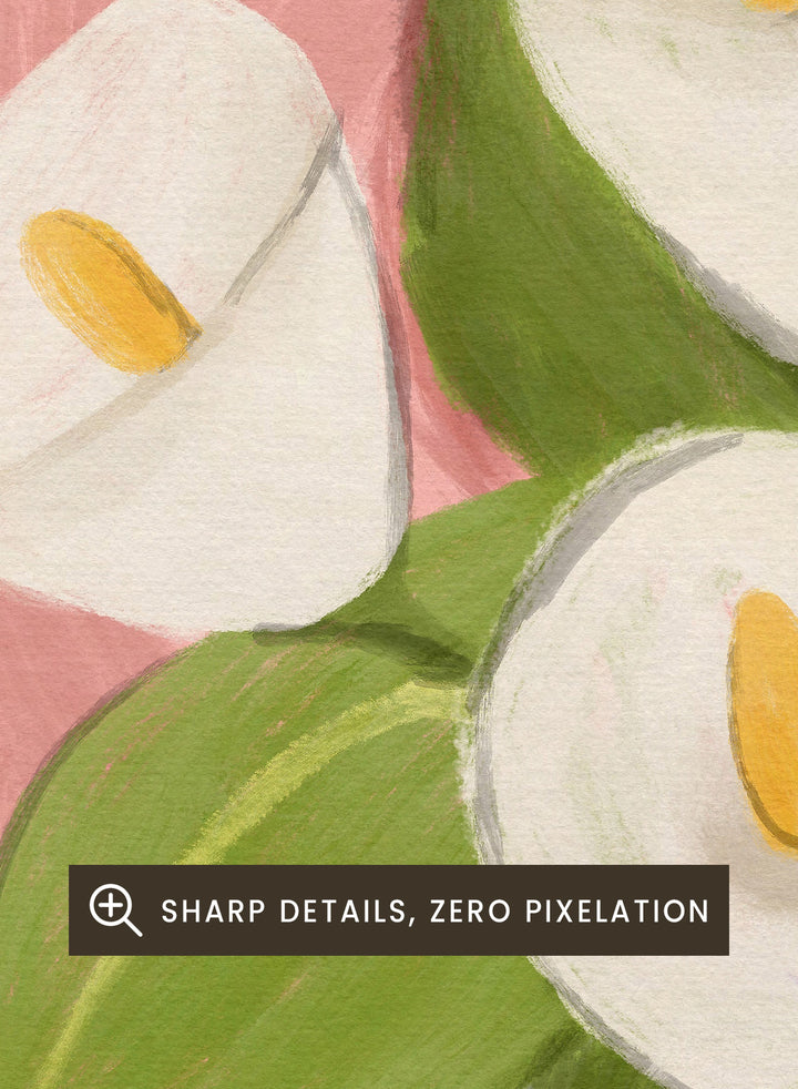 Black cat lying on a surface with white flowers in a blue vase against a pink background. Lilies In a Vase and a Black Cat by Dirkie Nell is a contemporary floral cat art print featuring hand painted lilies, soft pink tones, and playful still life illustration.
