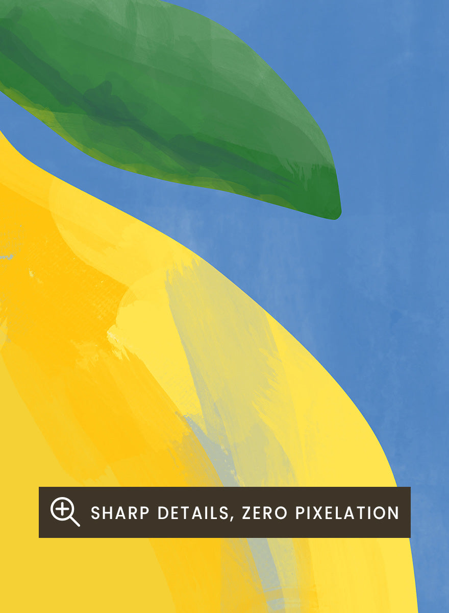 Shop Bright Yellow Lemon by Elena Ristova, a colorful lemon wall art print poster featuring an oversized yellow fruit, green leaf, and vivid blue background.