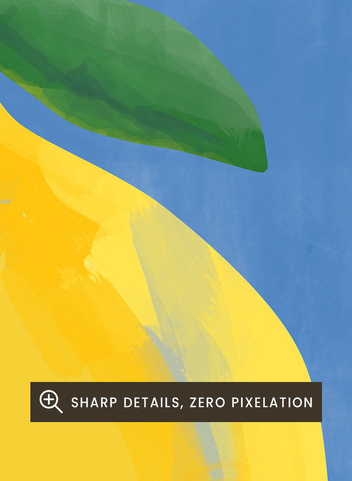 Shop Bright Yellow Lemon by Elena Ristova, a colorful lemon wall art print poster featuring an oversized yellow fruit, green leaf, and vivid blue background.