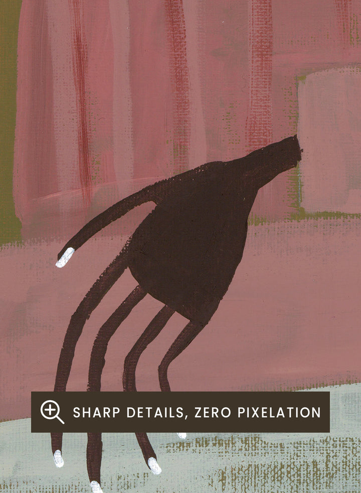 Artistic depiction of a person wearing a pink shirt and straw hat on a textured background. For Now I Don’t Know by Studio IMO (Ibi Meier-Oruitemeka) is a modern figurative art print with a seated figure and contemporary portrait wall poster design.