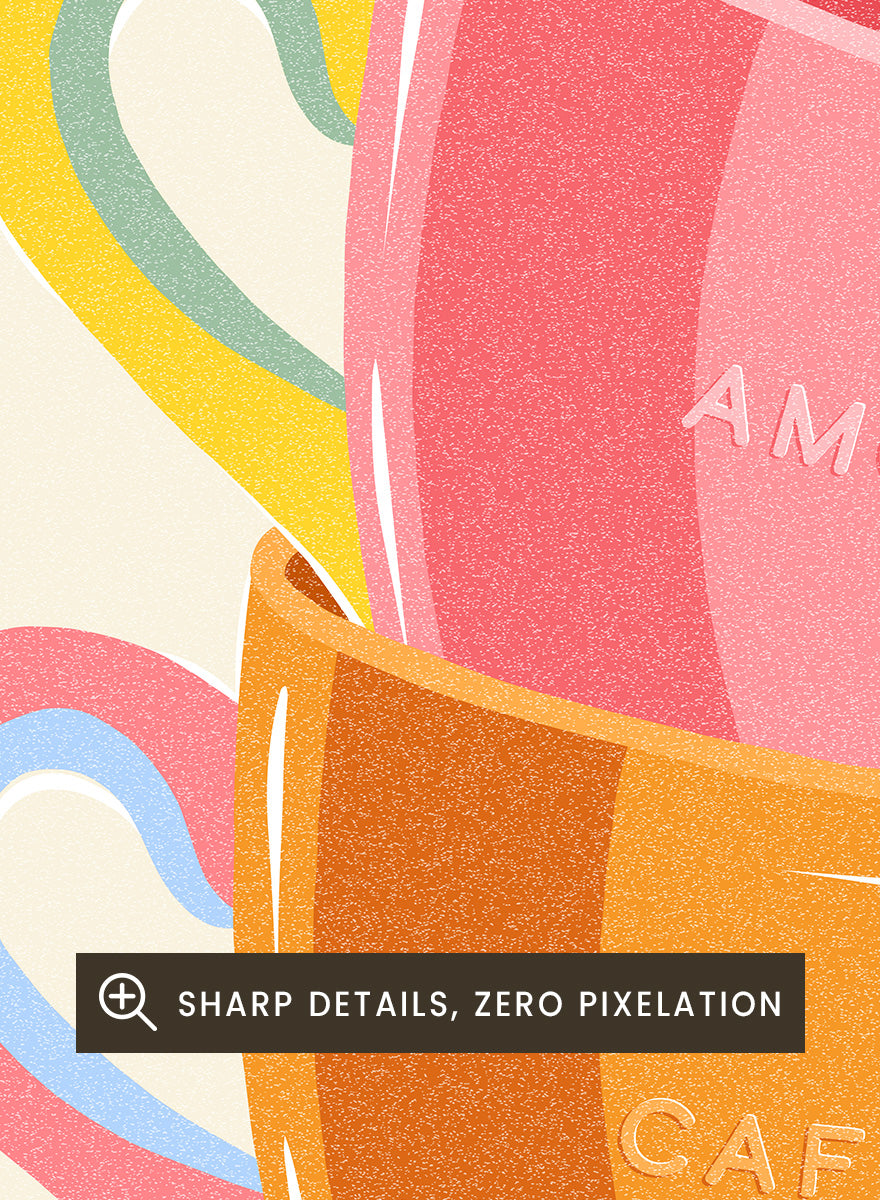 Shop Amore Caffè Sole Cups by Dominique Vari, a colorful kitchen wall art print poster featuring stacked coffee cups, Italian words, and retro café style.