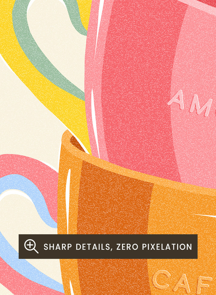 Shop Amore Caffè Sole Cups by Dominique Vari, a colorful kitchen wall art print poster featuring stacked coffee cups, Italian words, and retro café style.