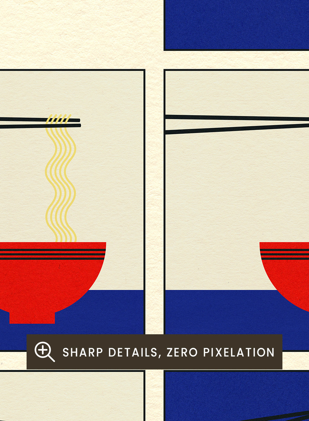 Illustration of ramen soup with chopsticks, a spoon, and fork on a blue background. Ramen Soup by Rosi Feist is a minimalist ramen art print with bold Bauhaus color, chopsticks, and playful humor. Officially licensed modern food poster.