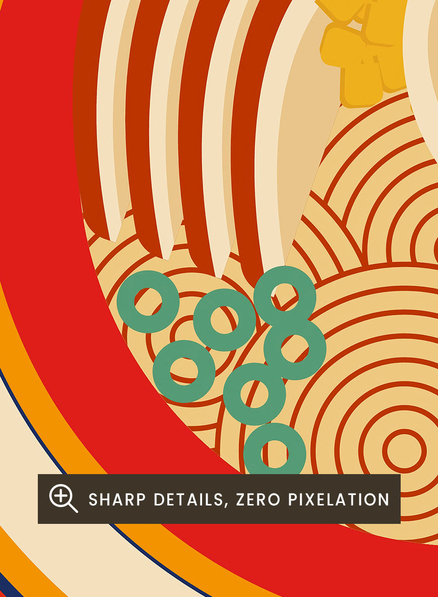 A stylized travel poster of Japanese Ramen noodle soup, featuring a central illustration of a bowl filled with noodles, a soft-boiled egg, green onions, and a ladle, set against a warm orange and beige background with &