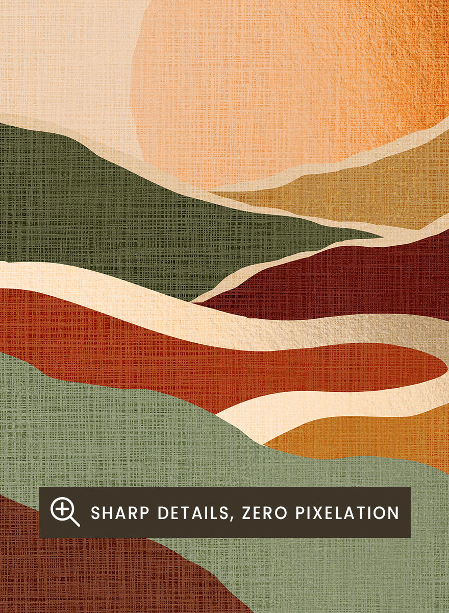Shop Earthy Sunset Landscape by Dominique Vari, a retro landscape wall art print poster featuring rolling hills, a glowing orange sun, and warm earthy tones.