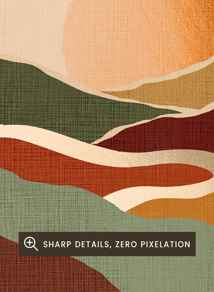 Shop Earthy Sunset Landscape by Dominique Vari, a retro landscape wall art print poster featuring rolling hills, a glowing orange sun, and warm earthy tones.