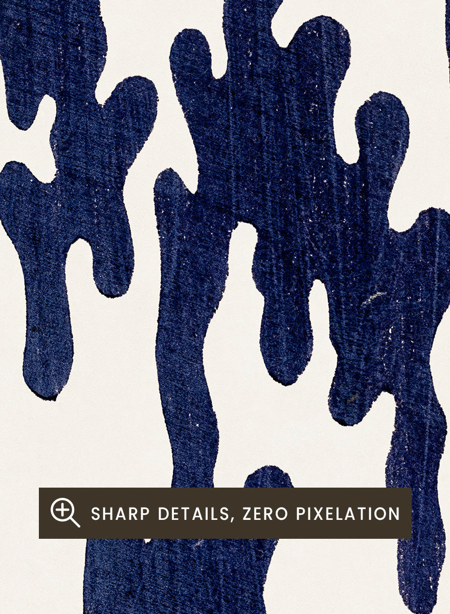 Blue Motif Yatsuo no Tsubaki by Taguchi Tomoki is a vintage Japanese woodblock art print featuring a deep indigo organic motif with original Japanese script.