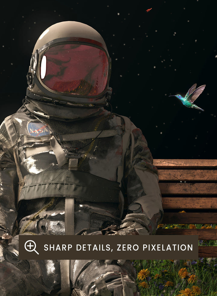 Person in astronaut suit sitting on a bench in a garden with flowers and trees at night. Astronaut Space Garden by Nicebleed is a surreal space art print featuring an astronaut on a bench in a floral field under stars, modern aesthetic wall poster.