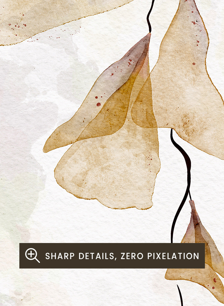 Watercolor art print featuring delicate, translucent beige and tan leaf-like shapes hanging from thin dark stems on a soft off-white background. Shop Translucent Organic Flow by Ankie Kooi, an abstract botanical wall art print poster with hanging watercolor florals, organic line art, and cream tones.