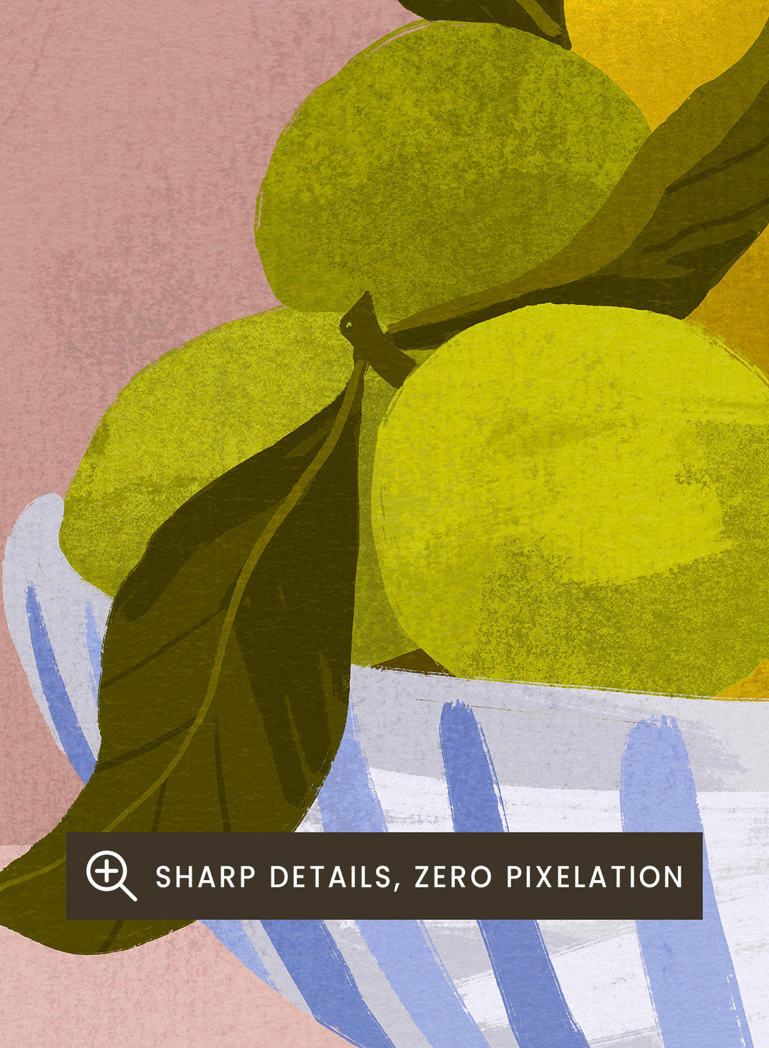 Illustration of a bowl with lemons and limes on a pink background. Bittersweet by Goed Blauw is a still life art print and wall poster with lemons, limes, and grapefruit in a striped bowl on a soft pink background.